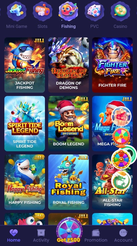 ShreeWin Arcade Fishing category including Jackpot Fishing and Boom Legend