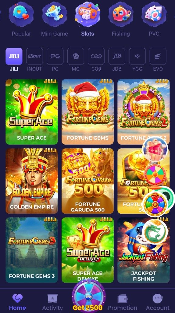 ShreeWin Slots lobby featuring Super Ace and Fortune Gems